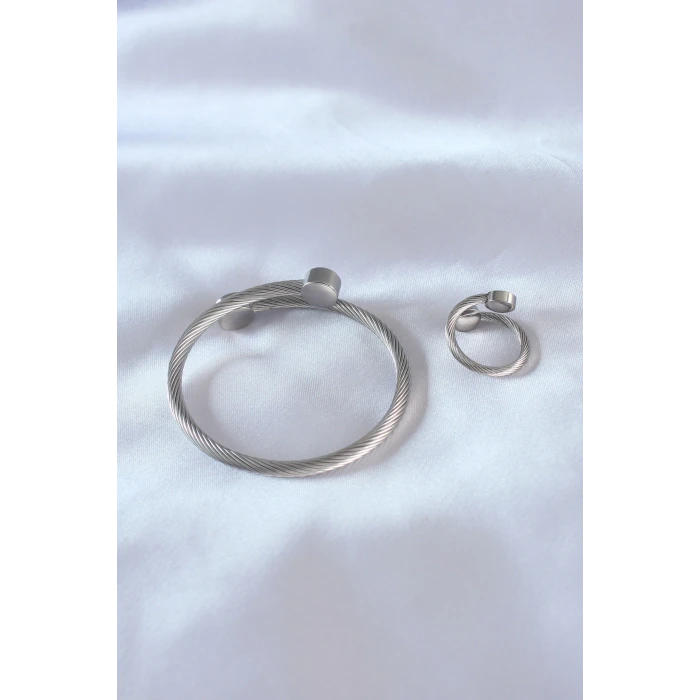 Çelik Gümüş Renk Sıkı Burgu Model Erkek Bileklik Yüzük Seti