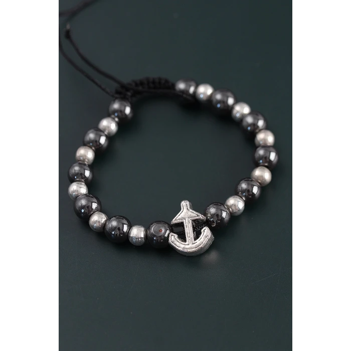 Doğal Taş Çapa Model Gümüş Ve Füme Renk Asansörlü Erkek Bileklik