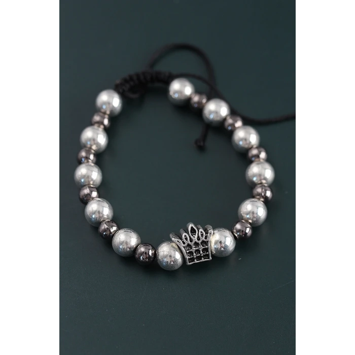 Doğal Taş Kral Tacı Model Gümüş Ve Füme Renk Asansörlü Erkek Bileklik