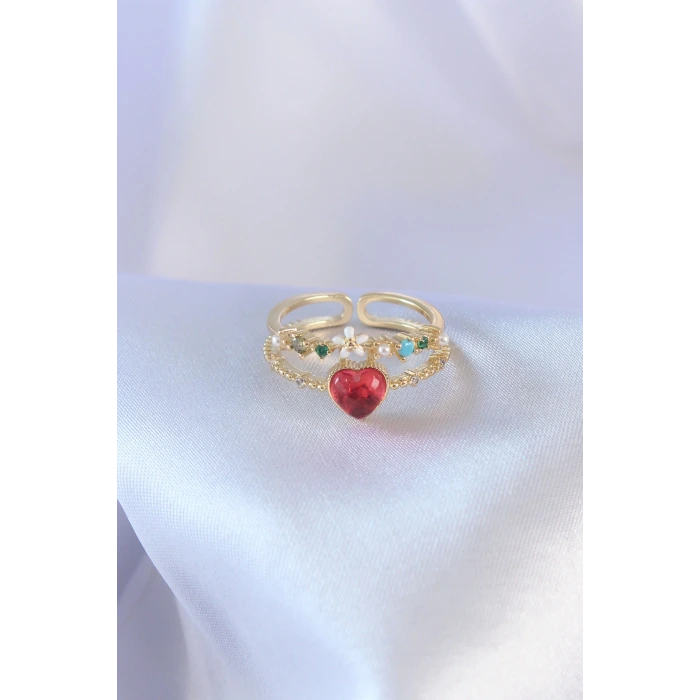 Gold Renk Kırmızı Zirkon Taş Kalp Model Pirinç Kadın Yüzük
