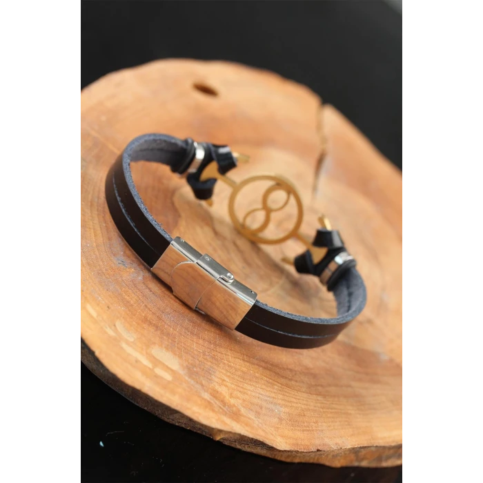 Gold Renk Sonsuzluklu Metal Aksesuarlı Siyah Renk Deri Erkek Bileklik