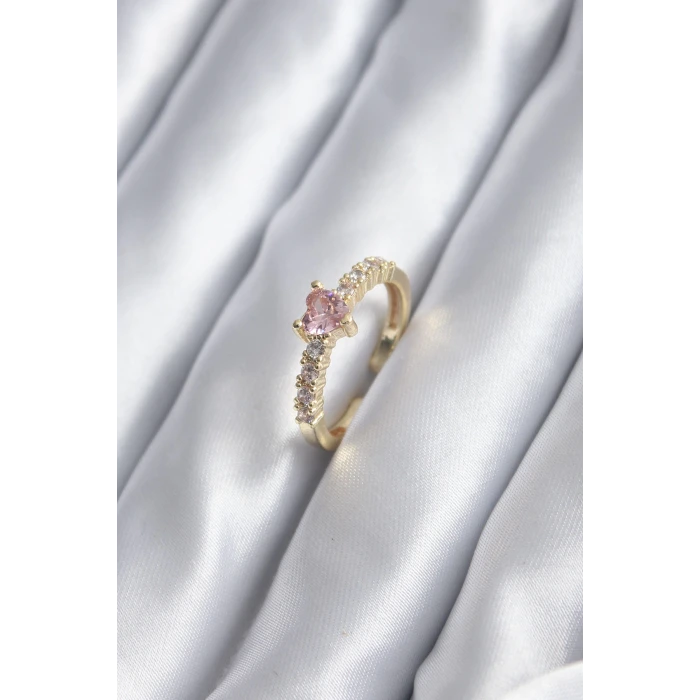 Gold Renk Zirkon Taşlı Pembe Kristal Kalp Model Kadın Yüzük