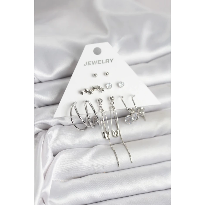 Gümüş Renk 6lı Pirinç Küpe Seti