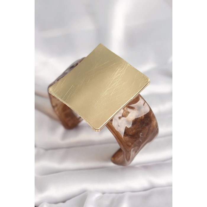 Kahverengi Mermer Desen Akrilik Plastik Gold Kare Plaka Model Vintage Kadın Bilezik