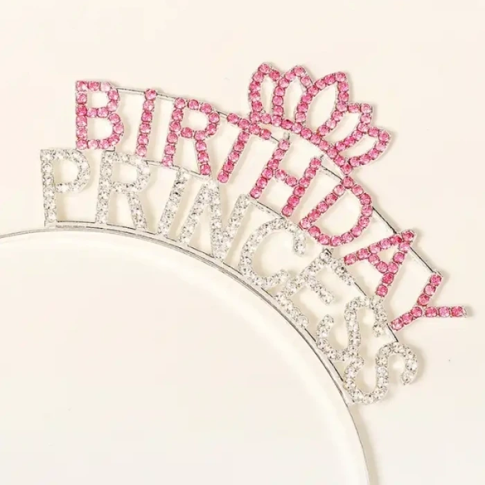 Kristal Taşlı Pembe Birthday Princess Yazılı Parti Tacı 19x11 Cm