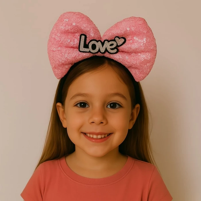 Led Işıklı Love Yazılı Fuşya Fiyonk Taç – Kız Çocuk Parti Tacı