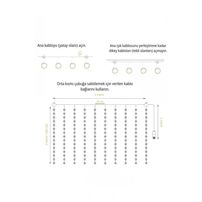 Lw-7 300 Ledli 10 Sarkıt Perde Led Işık, 8 Modlu Uzaktan Kumandalı, 3x3 Metre Peri Telli Led