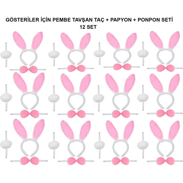 Pembe Tavşan Kostüm Seti – Taç, Papyon, Ponpon (12’li Paket)