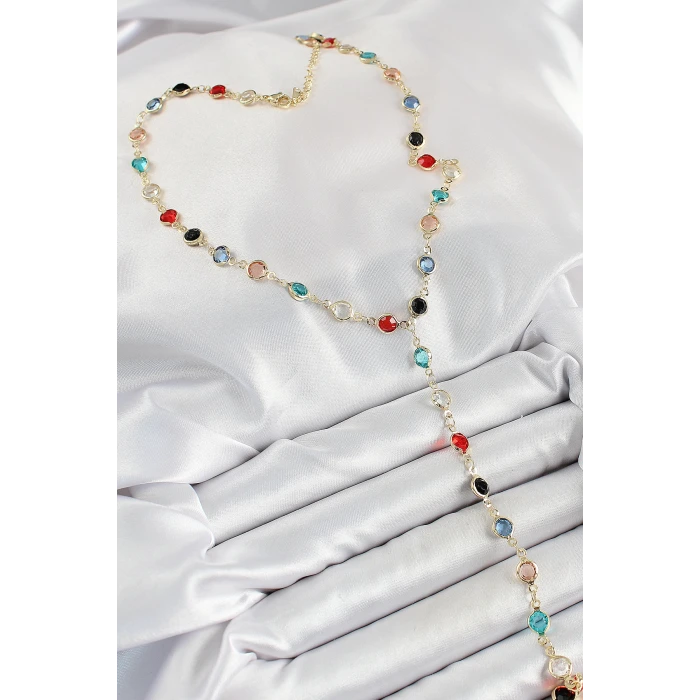 Pirinç Asorti Model Gold Renk Zirkon Taşlı Y Kolye