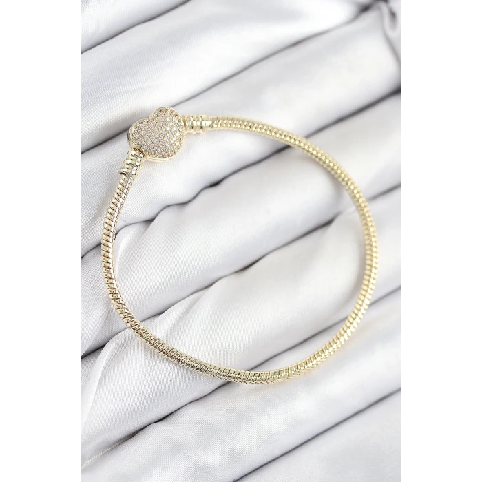 Pirinç Charm Zirkon Taşlı Kalp Model Gold Renk Kadın Bileklik