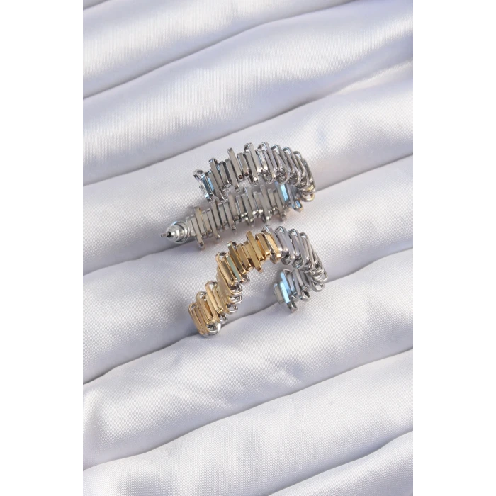 Pirinç Gold Gümüş Renkli Tırtıklı Kalp Küpe