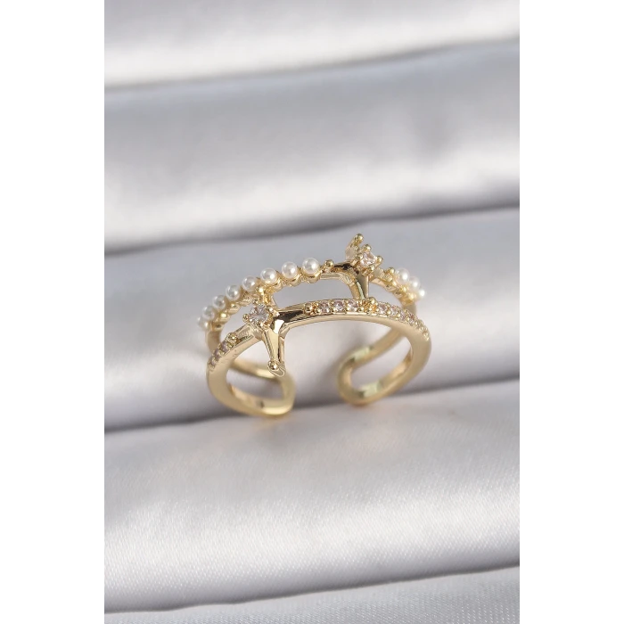 Pirinç Gold Renk Ayarlanabilir Zirkon Taşlı İncili Yıldız Model Kadın Yüzük