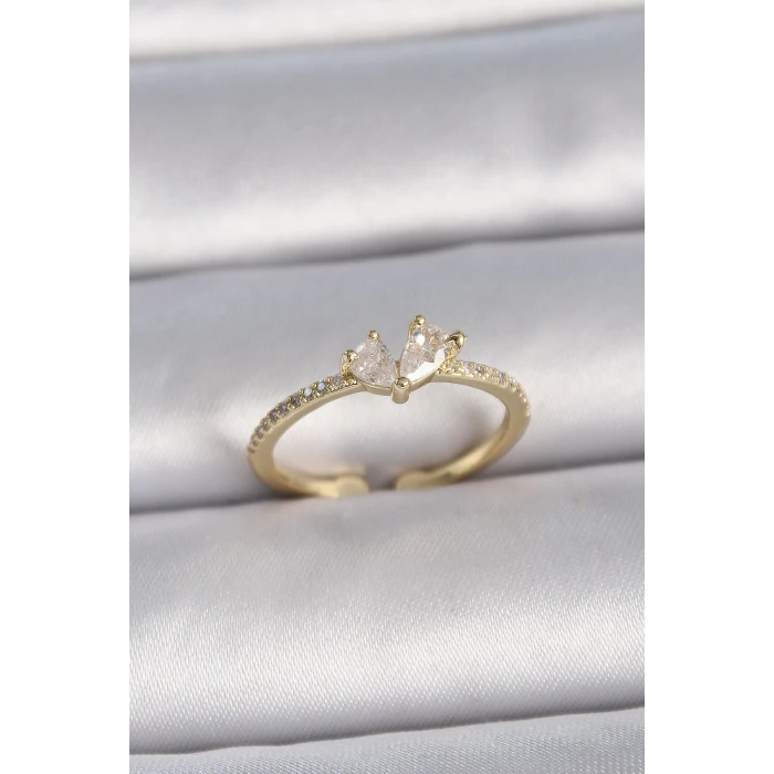 Pirinç Gold Renk Ayarlanabilir Zirkon Taşlı Kalp Model Kadın Yüzük