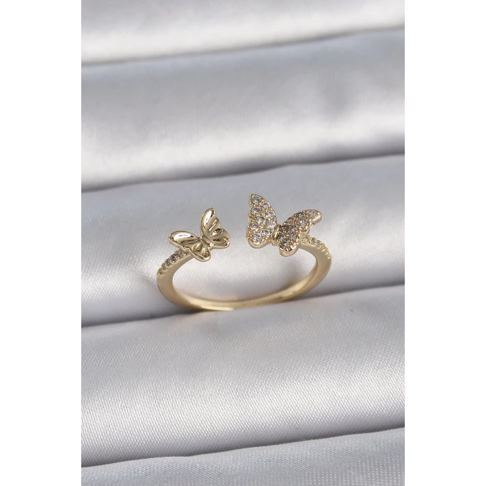 Pirinç Gold Renk Ayarlanabilir Zirkon Taşlı Kelebek Model Kadın Yüzük