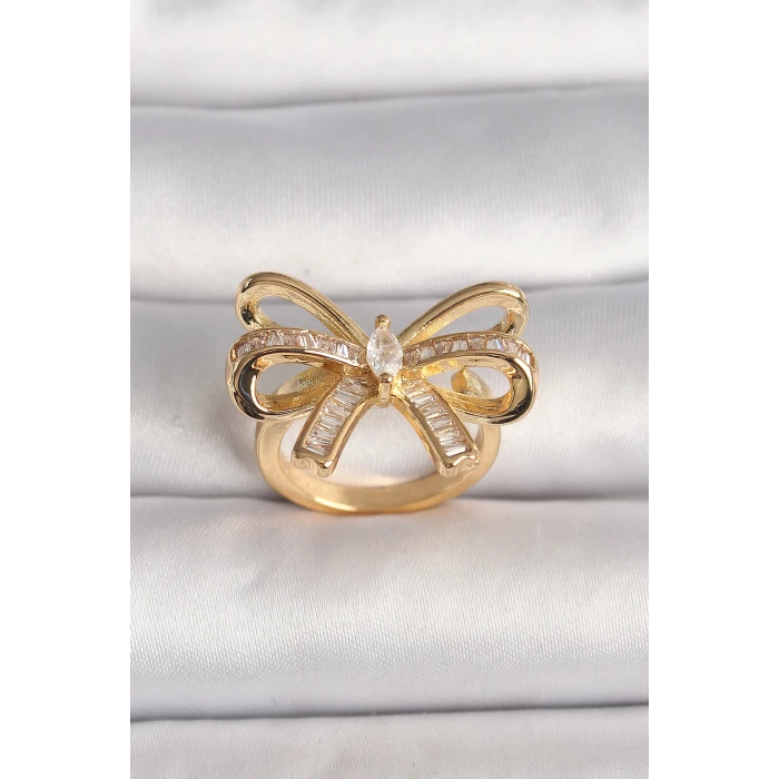 Pirinç Gold Renk Ayarlanabilir Zirkon Taşlı Kurdele Model Kadın Yüzük