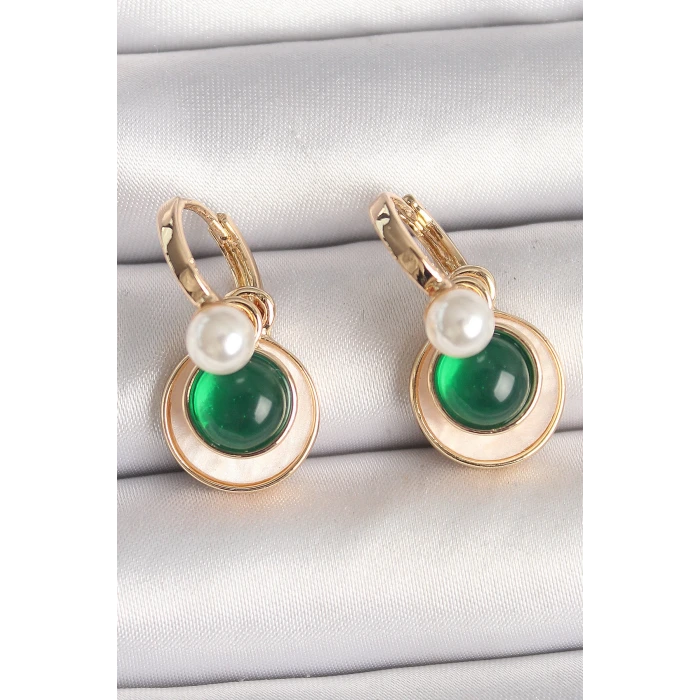 Pirinç Gold Renk Beyaz Yeşil Sallantı Mineli Kadın Küpe