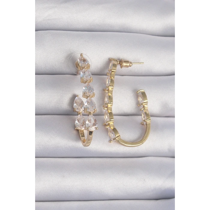 Pirinç Gold Renk Damla Zirkon Taş Tasarımlı Küpe