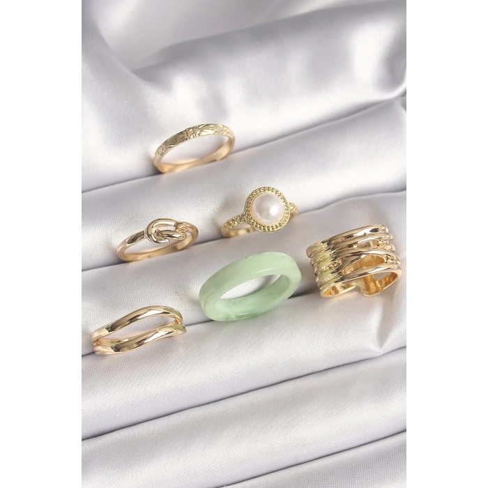 Pirinç Gold Renk Düğüm Model İncili İşlemeli Plaka Model 6Lı Kadın Yüzük Seti