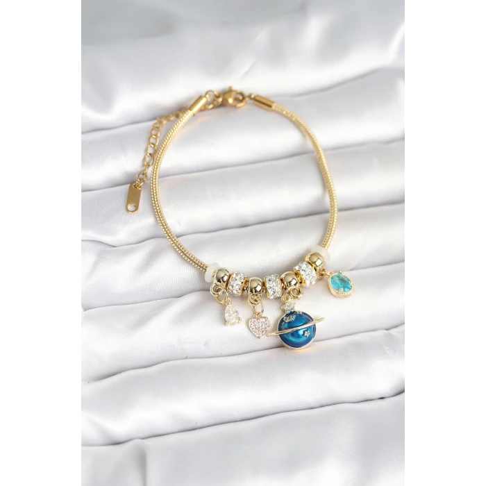 Pirinç Gold Renk Dünya Charmlı Kadın Bileklik