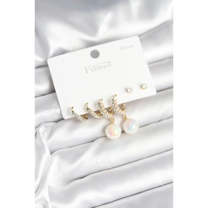 Pirinç Gold Renk İncili 925 Ayar Gümüş Çivi Kadın Küpe Seti