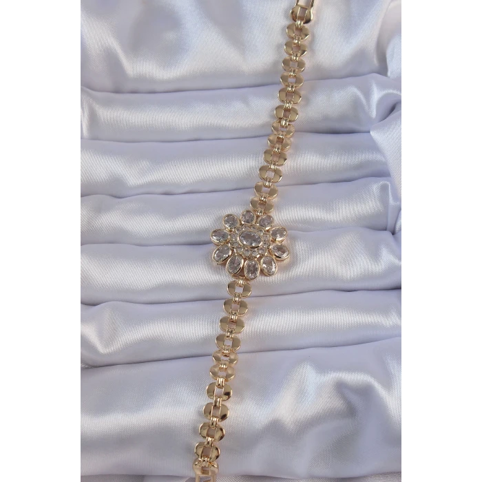 Pirinç Gold Renk İri Zirkon Taşlı Çiçek Figürlü Bileklik