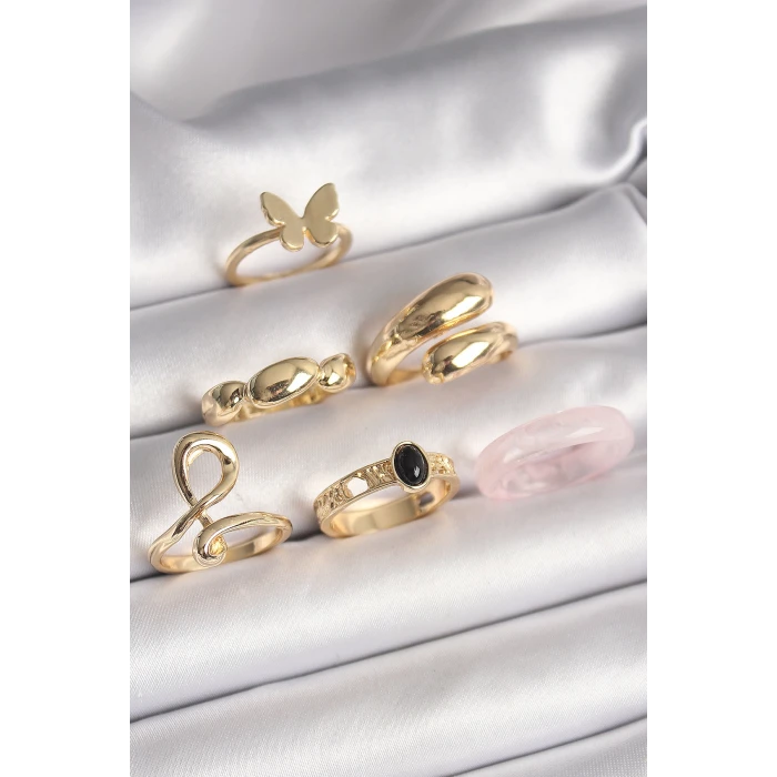 Pirinç Gold Renk Kelebek Figür Sarmal Model 6Lı Kadın Yüzük Seti
