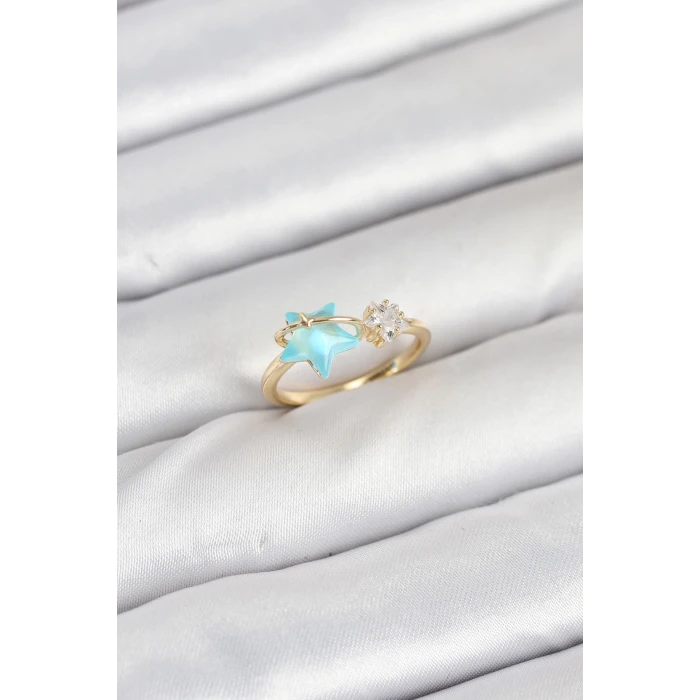 Pirinç Gold Renk Mavi Yıldızlı Model Kadın Yüzük