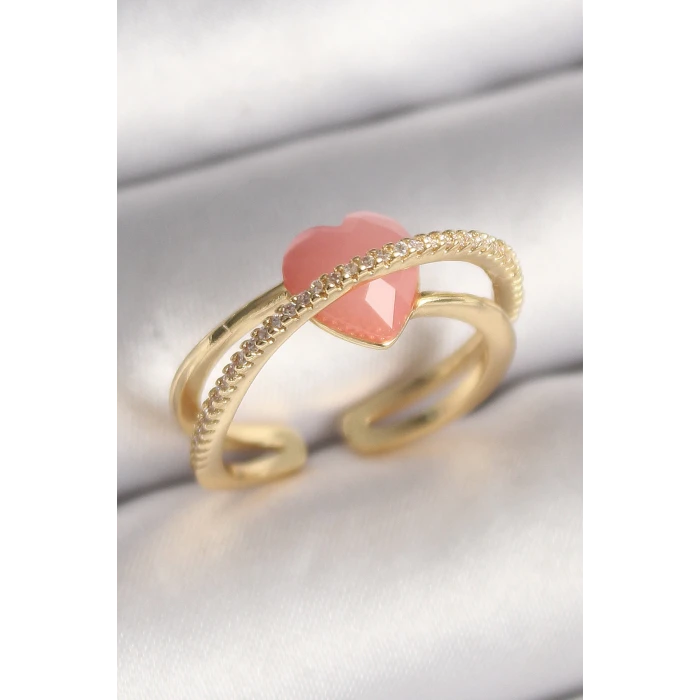 Pirinç Gold Renk Pembe Kristal Kalp Model Zirkon Taş Detaylı Kadın Yüzük