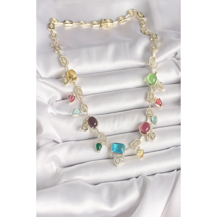 Pirinç Gold Renk Renli Zirkon Taşlı VIP Seri Kadın Kolye