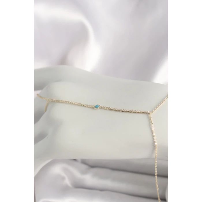 Pirinç Gold Renk Su Yolu Zirkon Taşlı Mavi Taş Detaylı Kadın Şahmeran