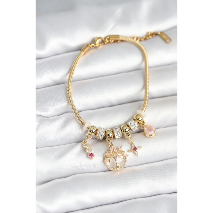 Pirinç Gold Renk Yaşam Ağacı Charmlı Kadın Bileklik
