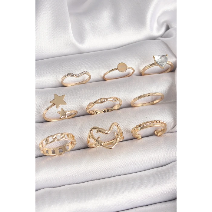 Pirinç Gold Renk Zirkon Taş Detaylı Kalp Yıldız Figür Kadın Yüzük Kombini