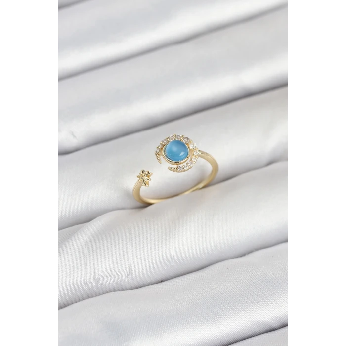 Pirinç Gold Renk Zirkon Taşlı Ay Yıldız Kadın Yüzük