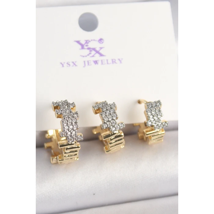 Pirinç Gold Renk Zirkon Taşlı Dorika Model 3Lü Kadın Kombin Küpe