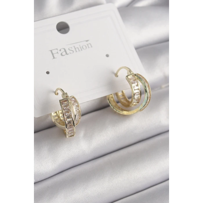 Pirinç Gold Renk Zirkon Taşlı Halka Model Kadın Küpe