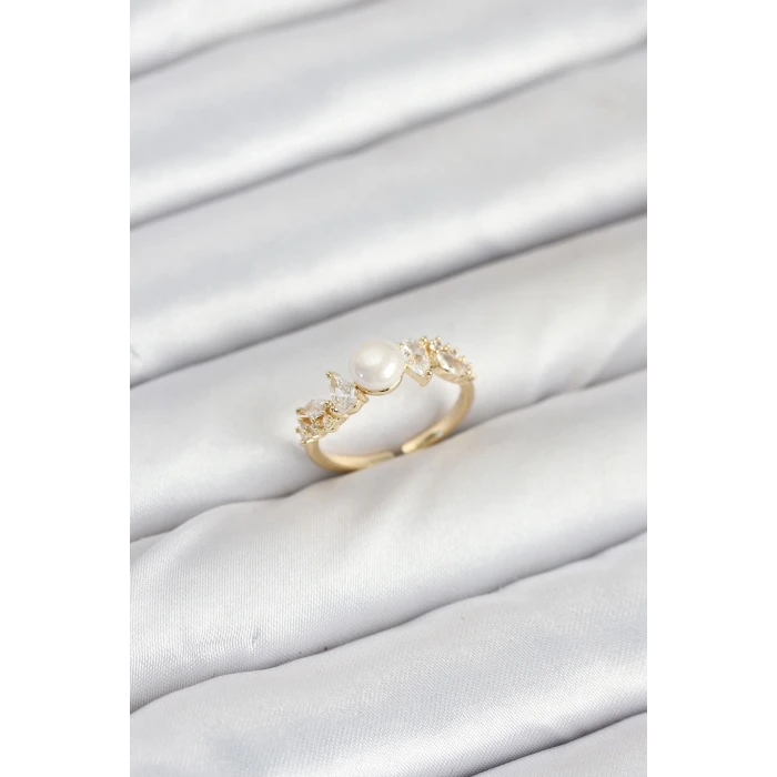 Pirinç Gold Renk Zirkon Taşlı İncili Model Kadın Yüzük