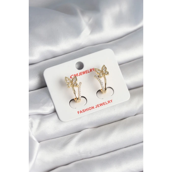 Pirinç Gold Renk Zirkon Taşlı Kelebek Model Kadın Küpe