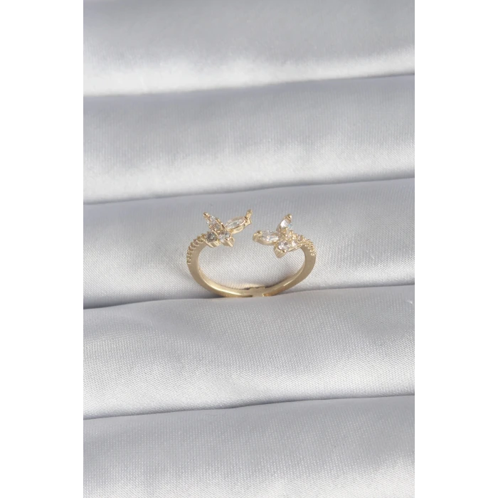Pirinç Gold Renk Zirkon Taşlı Kelebek Model Kadın Yüzük