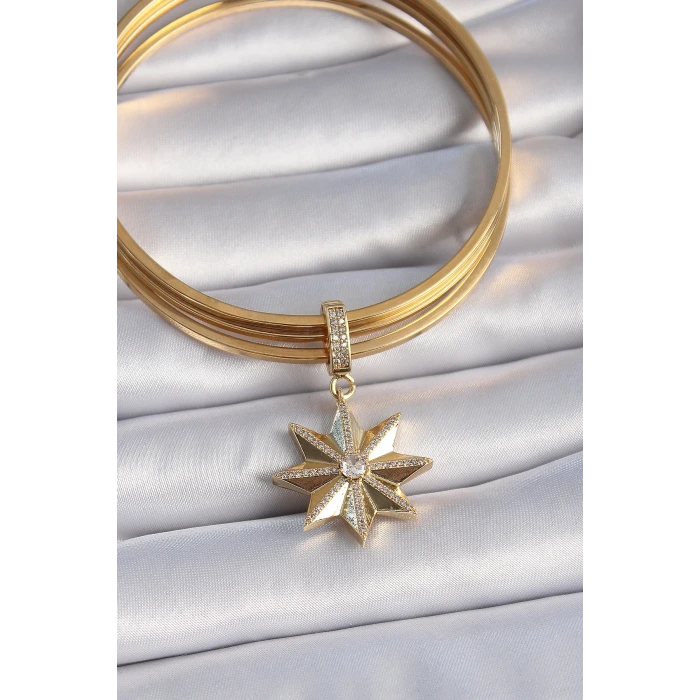 Pirinç Gold Renk Zirkon Taşlı Kutup Yıldızı Ajda Charm