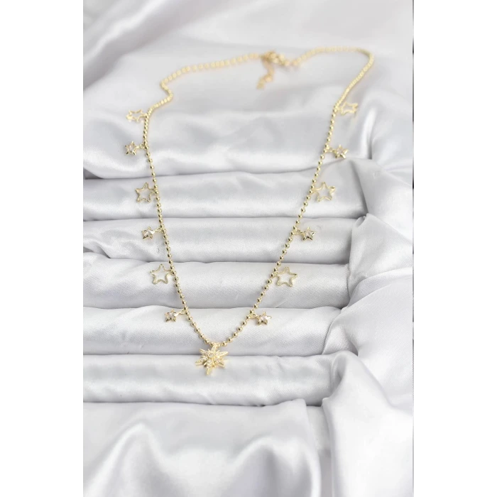 Pirinç Gold Renk Zirkon Taşlı Kutup Yıldızı Model Kadın Kolye