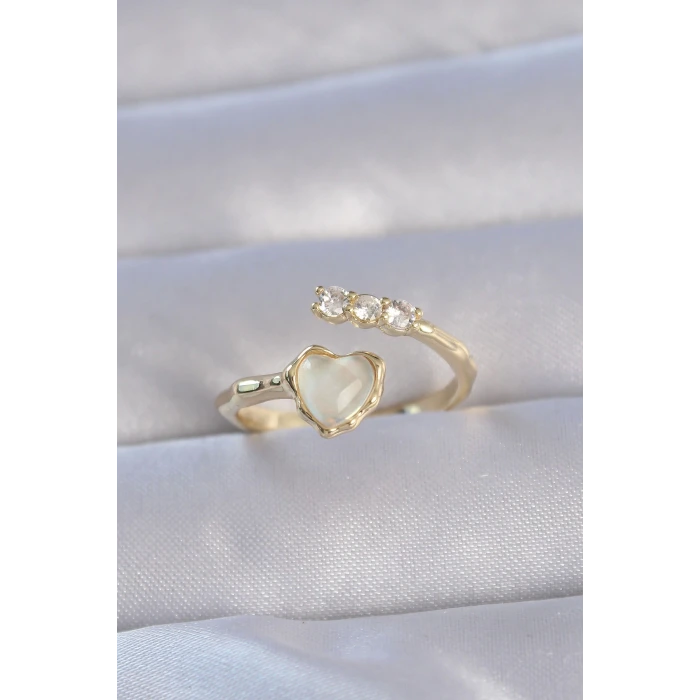 Pirinç Gold Renk Zirkon Taşlı Sedefli Kalp Model Ayarlanabilir Yüzük