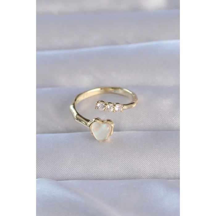 Pirinç Gold Renk Zirkon Taşlı Sedefli Kalp Model Ayarlanabilir Yüzük