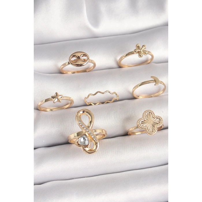 Pirinç Gold Renk Zirkon Taşlı Sonsuzluk Figür Yıldız Detay Kadın Yüzük Kombini