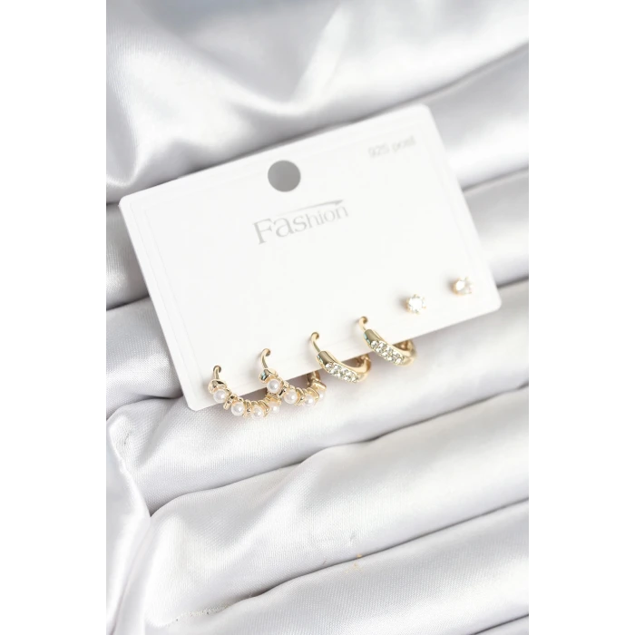 Pirinç Gold Renk Zirkon Taşlı ve İncili Model 925 Ayar Gümüş Çivi Kadın Küpe Seti