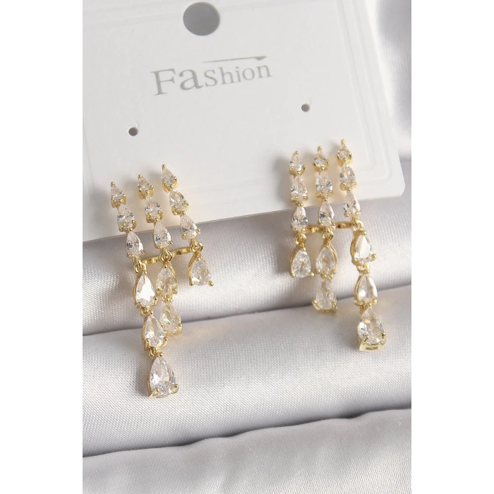 Pirinç Gold Renk Zirkon Taşlı Yağmur Model Kadın Küpe