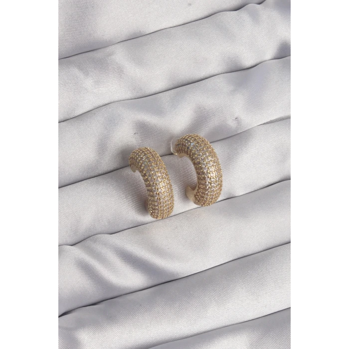 Pirinç Gold Renk Zirkon Taşlı Yarım Halka Küpe