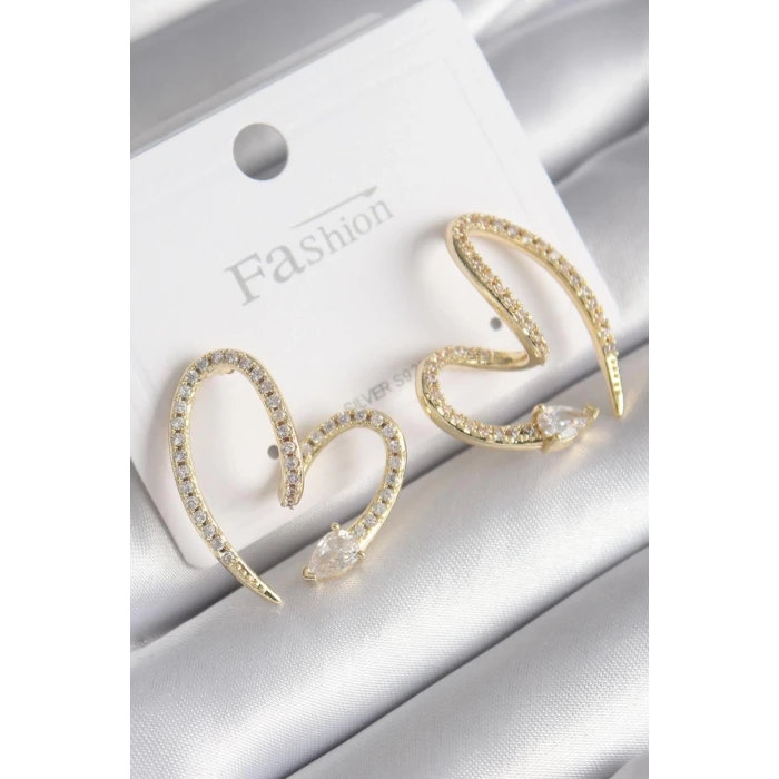 Pirinç Gold Renk Zirkon Taşlı Yılan Kalp Model Kadın Küpe