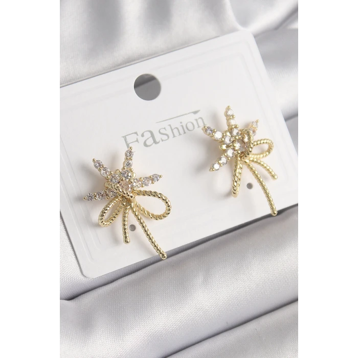 Pirinç Gold Renk Zirkon Taşlı Yıldız Düğüm Model Kadın Küpe