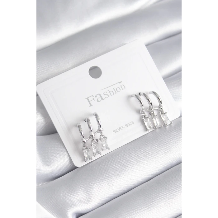 Pirinç Gümüş Renk 3lü Sallantı Zirkon Taşlı Küpe