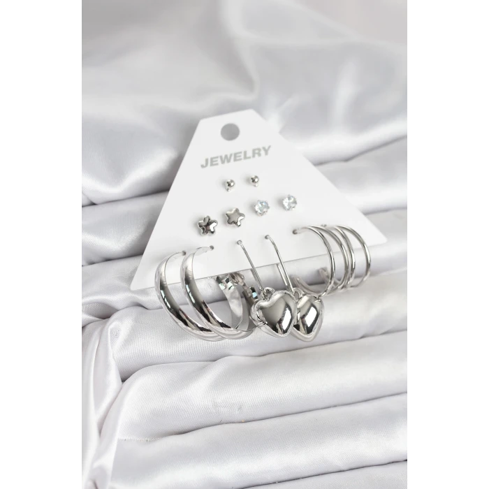 Pirinç Gümüş Renk 6 Çift Kadın Küpe Seti